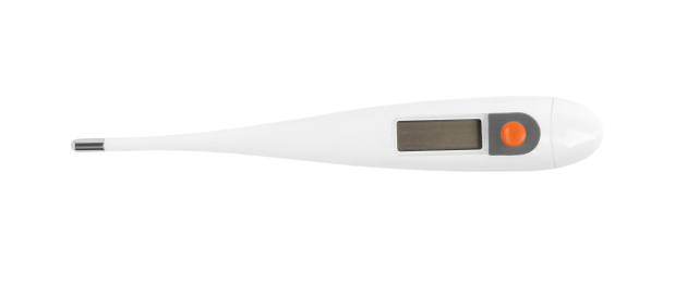 Modern digital thermometer on white background, top view