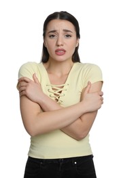 Young woman suffering from fever on white background. Cold symptoms