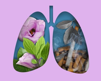 Illustration of Illustration of human lungs - one part with image of fresh flowers, another with cigarettes on pink background. Healthy and unhealthy lifestyle concept