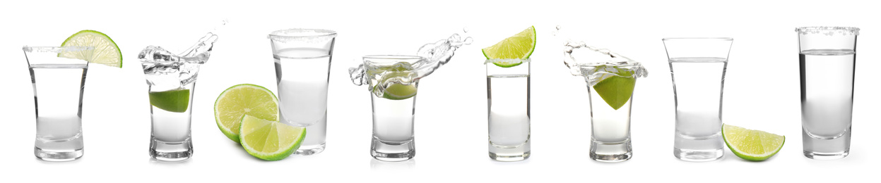 Set of Mexican Tequila shots on white background. Banner design