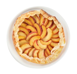 Photo of Delicious fresh peach pie isolated on white, top view