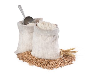 Sack with flour, wheat grains and spikes on white background