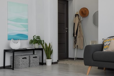 Photo of Beautiful living room interior with stylish grey sofa and houseplants