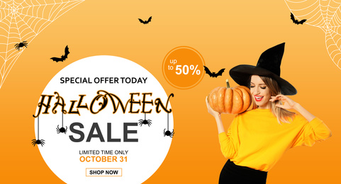 Image of Halloween sale ad design with woman in witch hat holding pumpkin on orange background