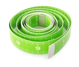 Long green measuring tape isolated on white
