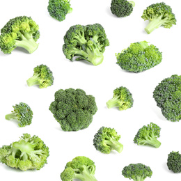 Collage of fresh green broccoli isolated on white