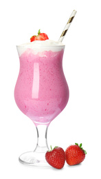 Tasty strawberry milk shake with whipped cream and fresh berries isolated on white