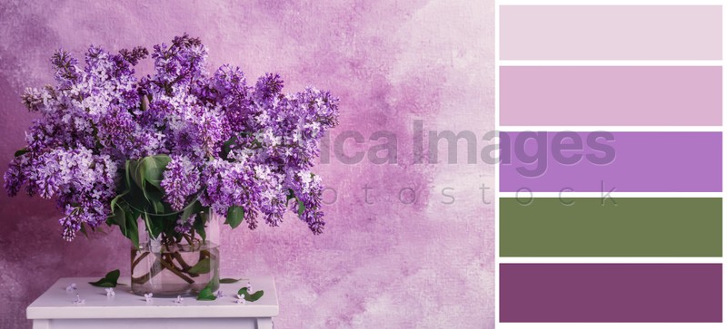 Color palette appropriate to photo of vase with blossoming lilac flowers on table