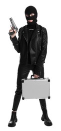 Photo of Woman wearing knitted balaclava with metal briefcase and gun on white background