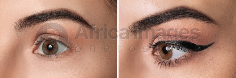 Image of Collage with photos of woman before and after applying eyeliner, closeup view. Banner design