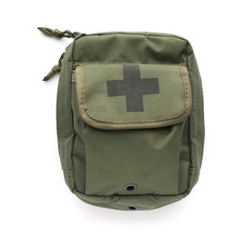 First aid kit bag on white background, top view. Health care
