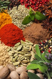 Different fresh herbs with aromatic spices as background, top view