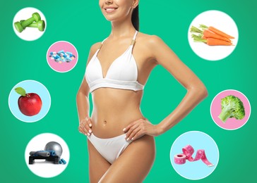 Weight loss concept. Slim young woman in stylish swimsuit on green background