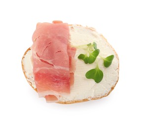 Photo of Delicious sandwich with cream cheese, jamon and microgreen isolated on white, top view