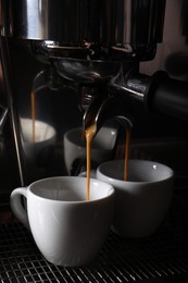 Making fresh aromatic espressos using professional coffee machine in cafe, closeup
