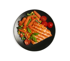 Tasty grilled salmon with mixed vegetables on white background, top view