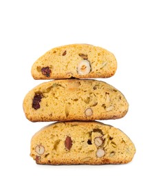 Photo of Slices of tasty cantucci with berry and pistachio on white background. Traditional Italian almond biscuits