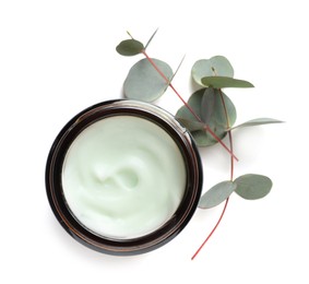 Jar of hand cream and eucalyptus on white background, top view