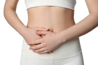 Woman suffering from pain in lower right abdomen on white background, closeup. Acute appendicitis