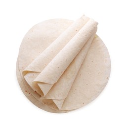 Photo of Delicious rolled Armenian lavash on white background, top view
