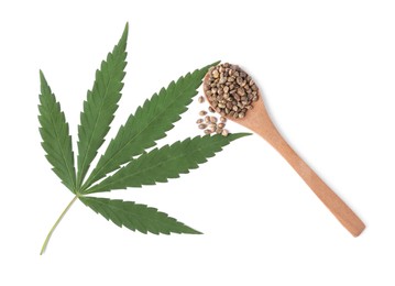 Fresh green hemp leaf and spoon with seeds on white background, top view