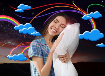 Beautiful Asian woman dreaming about rainbow while sleeping, night starry sky on background 