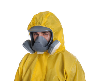 Man wearing chemical protective suit on white background. Prevention of virus spread