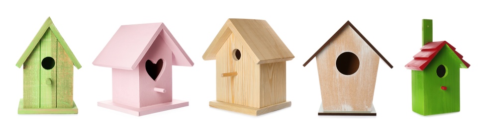 Image of Set with different beautiful bird houses on white background, banner design