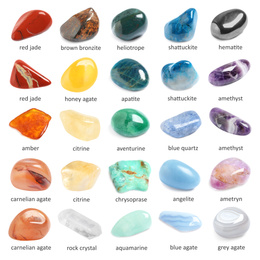 Image of Collection of different gemstones on white background