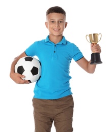 Happy boy with golden winning cup and soccer ball on white background