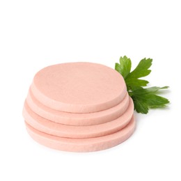 Slices of delicious boiled sausage with parsley on white background