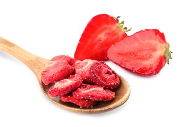 Sweet sublimated and fresh strawberries on white background