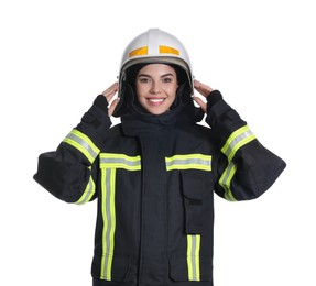 Portrait of firefighter in uniform and helmet on white background