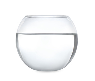 Glass fish bowl with clear water isolated on white