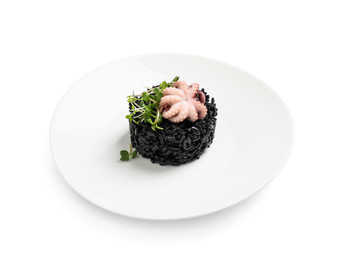 Delicious black risotto with baby octopus isolated on white
