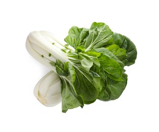 Fresh green pak choy cabbages on white background, top view