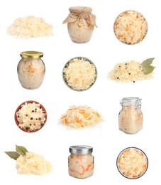 Set with tasty fermented cabbage with carrot on white background