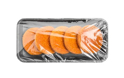 Uncooked breaded cutlets on white background, top view. Freshly frozen semi-finished product