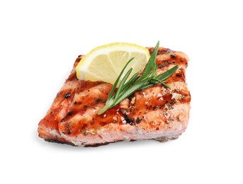 Tasty grilled salmon with rosemary and lemon on white background