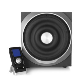 Modern subwoofer with remote on white background. Powerful audio speaker