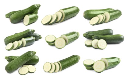 Set of fresh ripe zucchinis on white background