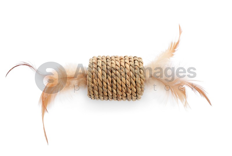Photo of Straw toy with feathers for cat on white background, top view. Pet accessory