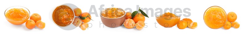 Set with tasty tangerine jam and fresh fruits on white background. Banner design
