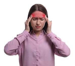 Woman suffering from headache on white background. Cold symptoms