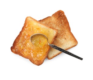 Delicious toasts and one with orange marmalade on white background, top view