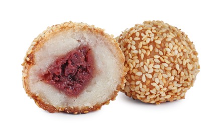 Photo of Delicious sesame balls with red bean paste on white background