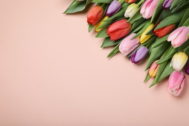 Photo of Beautiful colorful tulips on pale pink background, flat lay. Space for text