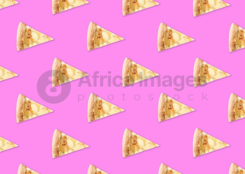 Slices of delicious cheese pizzas on pink background, flat lay. Seamless pattern design