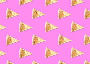 Slices of delicious cheese pizzas on pink background, flat lay. Seamless pattern design
