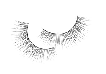 Photo of Fake eyelashes on white background, top view. Makeup product